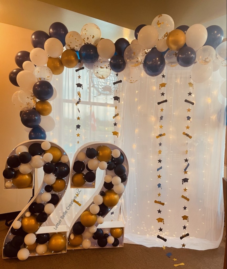 Large 22 numbers filled with blue, gold & white balloons for photo backdrop. Letter Belle Creative
