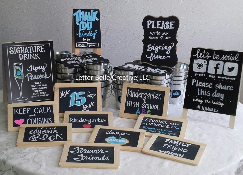 Variety of decorated small chalkboards & metal buckets for quinceanera

Letter Belle Creative