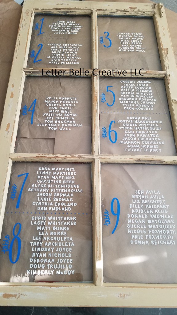 Rustic 6-pane window used as a wedding seating chart with blue writing for the table numbers & white writing for the names

Letter Belle Creative